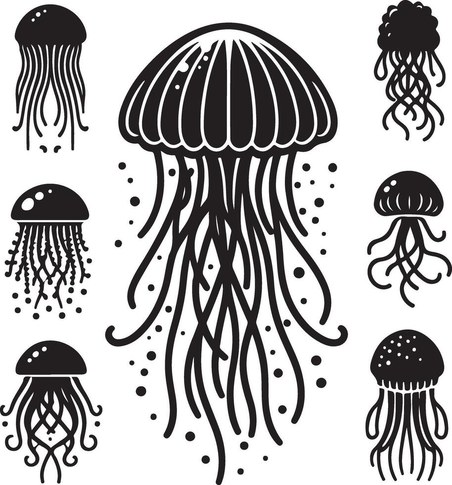 Jellyfish silhouettes, isolated on white background. animal illustrator. vector