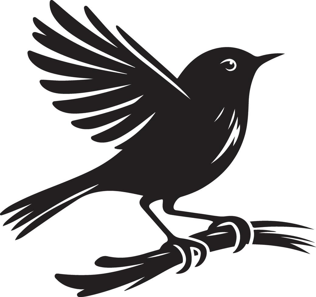 Black artwork illustration of a flying robin bird silhouette, capturing the graceful motion and elegance of this avian in a simple yet striking design. vector
