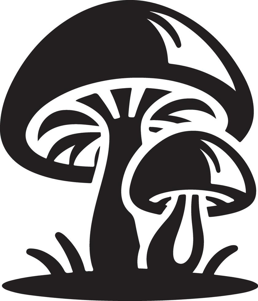 Mushroom silhouettes, graphic drawing with lines, black and white cut truffle, porcini mushroom, shiitake and chanterelles isolated vector