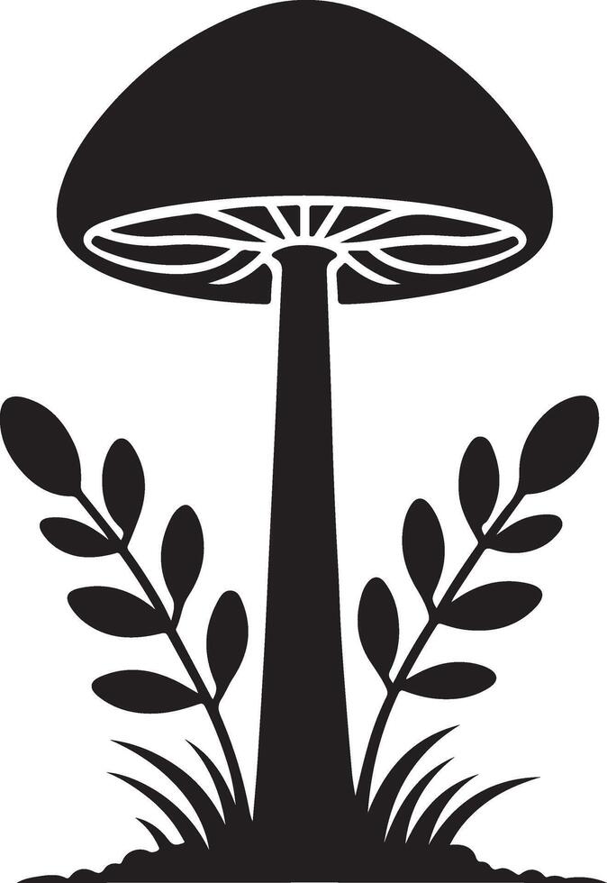 Mushroom silhouettes, graphic drawing with lines, black and white cut truffle, porcini mushroom, shiitake and chanterelles isolated vector