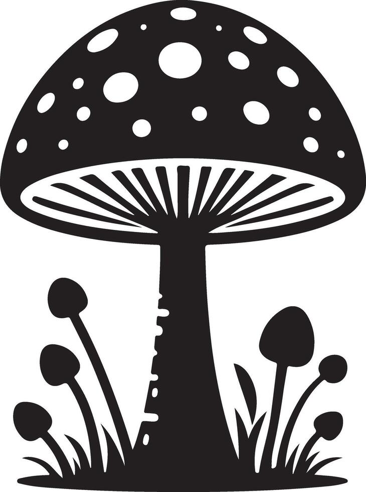 Mushroom silhouettes, graphic drawing with lines, black and white cut truffle, porcini mushroom, shiitake and chanterelles isolated vector