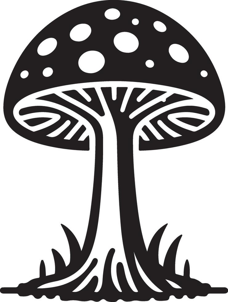 Mushroom silhouettes, graphic drawing with lines, black and white cut truffle, porcini mushroom, shiitake and chanterelles isolated vector