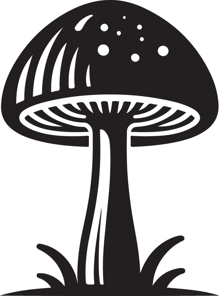 Mushroom silhouettes, graphic drawing with lines, black and white cut truffle, porcini mushroom, shiitake and chanterelles isolated vector