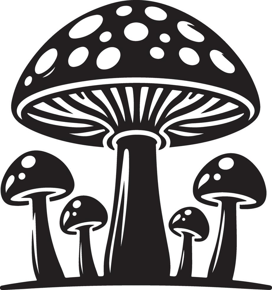 Mushroom silhouettes, graphic drawing with lines, black and white cut truffle, porcini mushroom, shiitake and chanterelles isolated vector