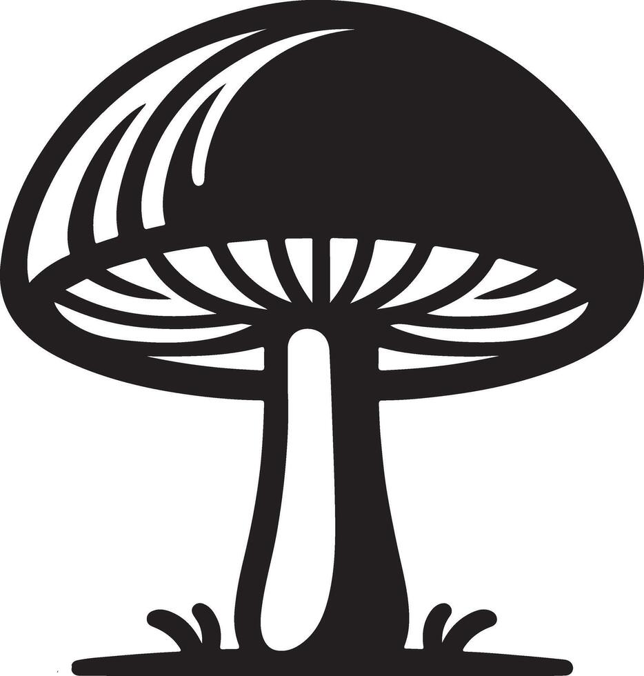 Mushroom silhouettes, graphic drawing with lines, black and white cut truffle, porcini mushroom, shiitake and chanterelles isolated vector