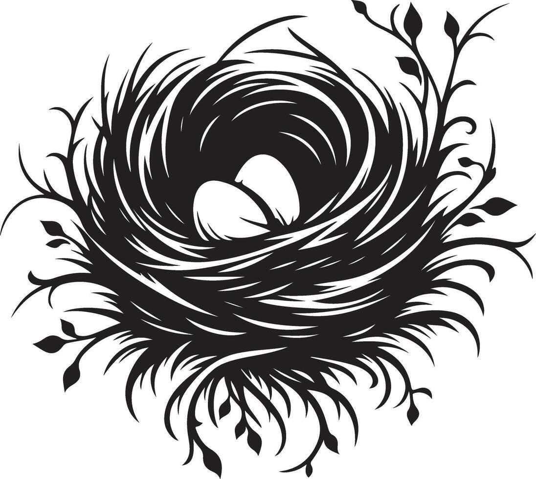 Bird Nest with Eggs Pen and Ink Drawing, Illustration of a bird's nest. Hand-drawn sketch converted vector