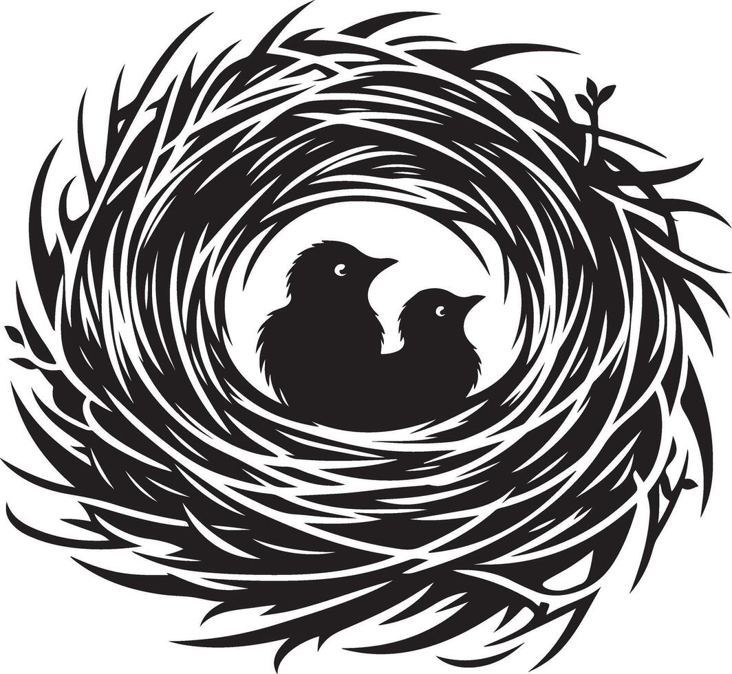Bird Nest with Eggs Pen and Ink Drawing, Illustration of a bird's nest. Hand-drawn sketch converted vector
