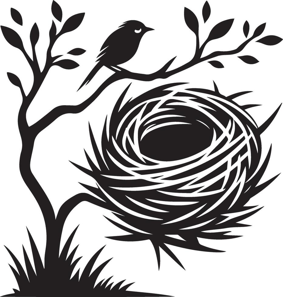 Bird Nest with Eggs Pen and Ink Drawing, Illustration of a bird's nest. Hand-drawn sketch converted vector