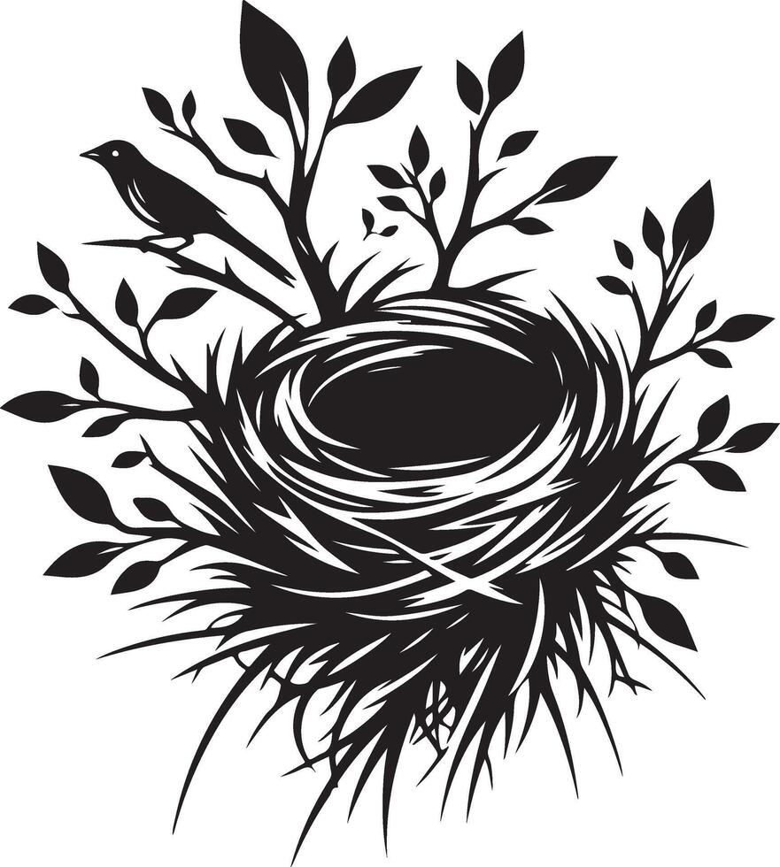 Bird Nest with Eggs Pen and Ink Drawing, Illustration of a bird's nest. Hand-drawn sketch converted vector