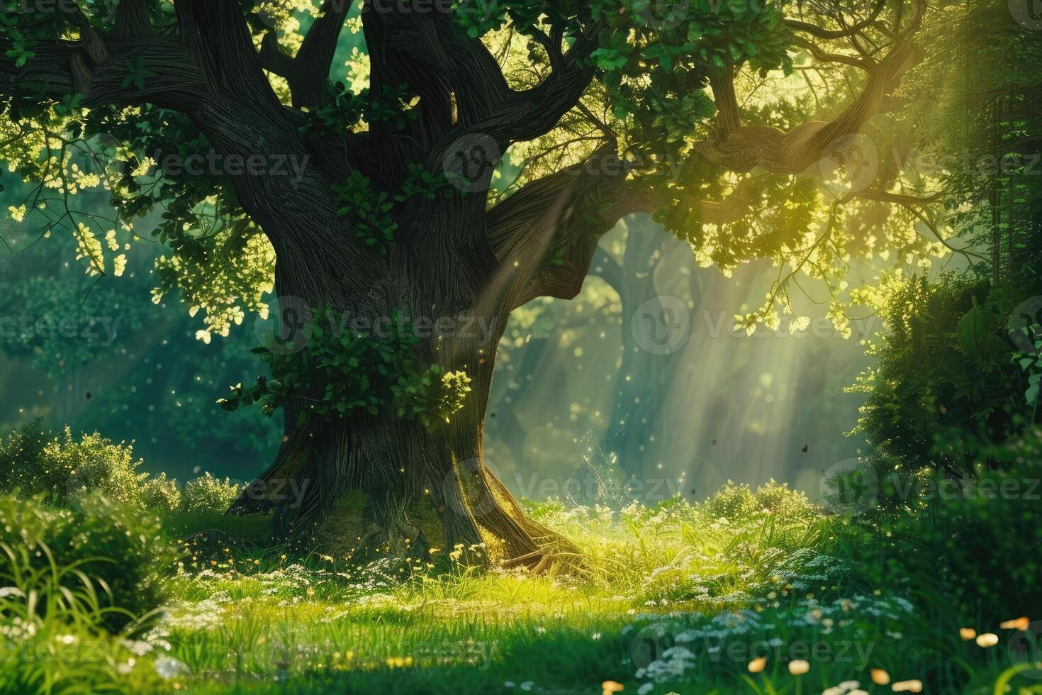 A beautiful fairytale enchanted forest with big trees and great vegetation. Digital painting background photo