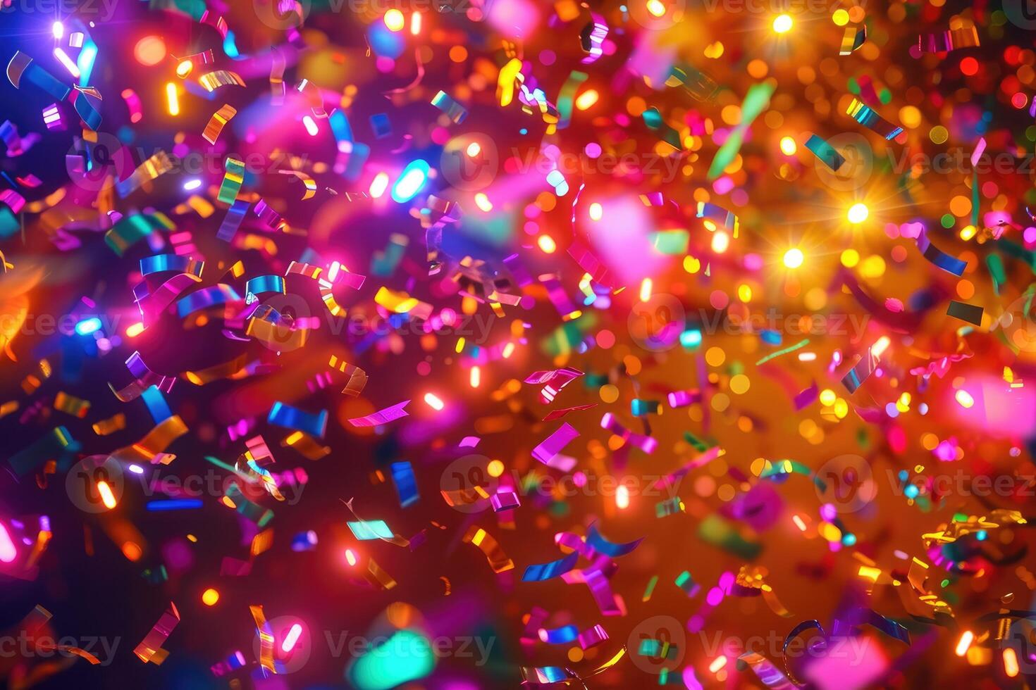 A festive and colorful party with flying neon confetti on a golden background photo