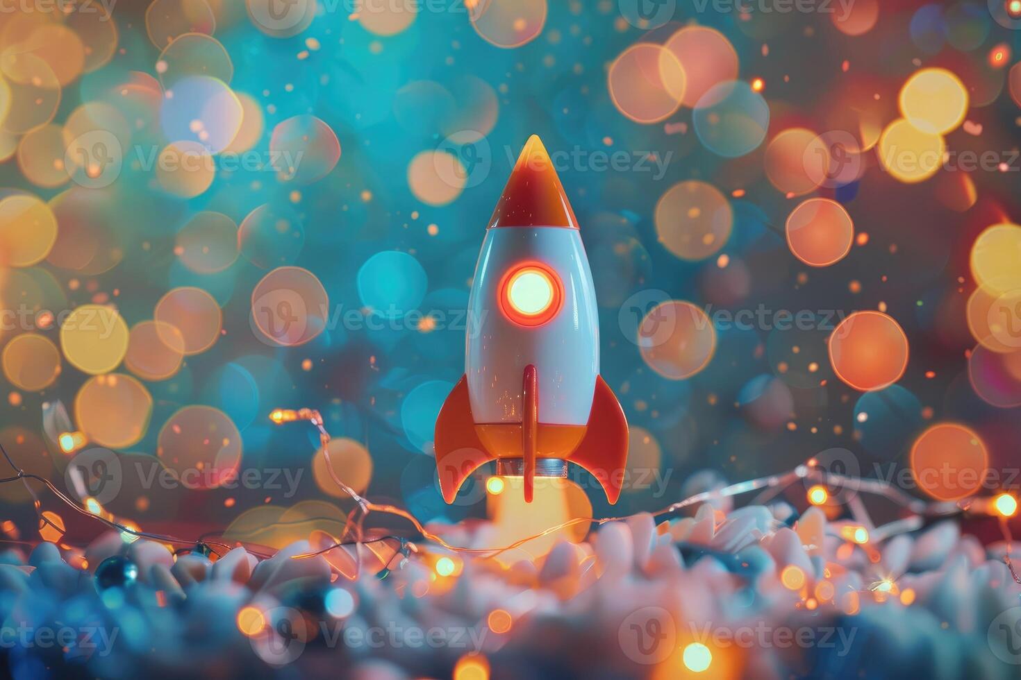 A playful toy rocket stands ready for an imaginary journey, set against a magical, colorful bokeh background. photo