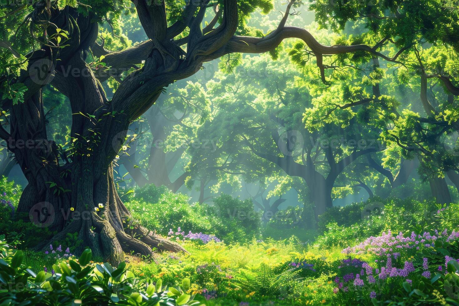 A beautiful fairytale enchanted forest with big trees and great vegetation. Digital painting background photo