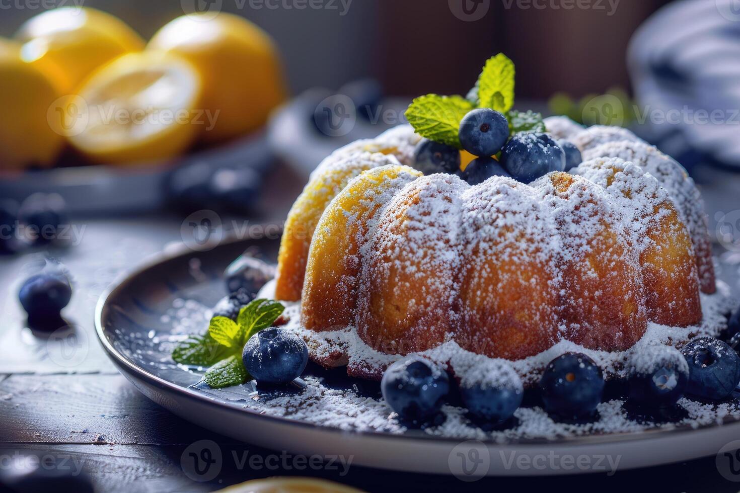 Freshly baked blueberry lemon pound cake dusted with powdered sugar, served with raw blueberries and mint. photo