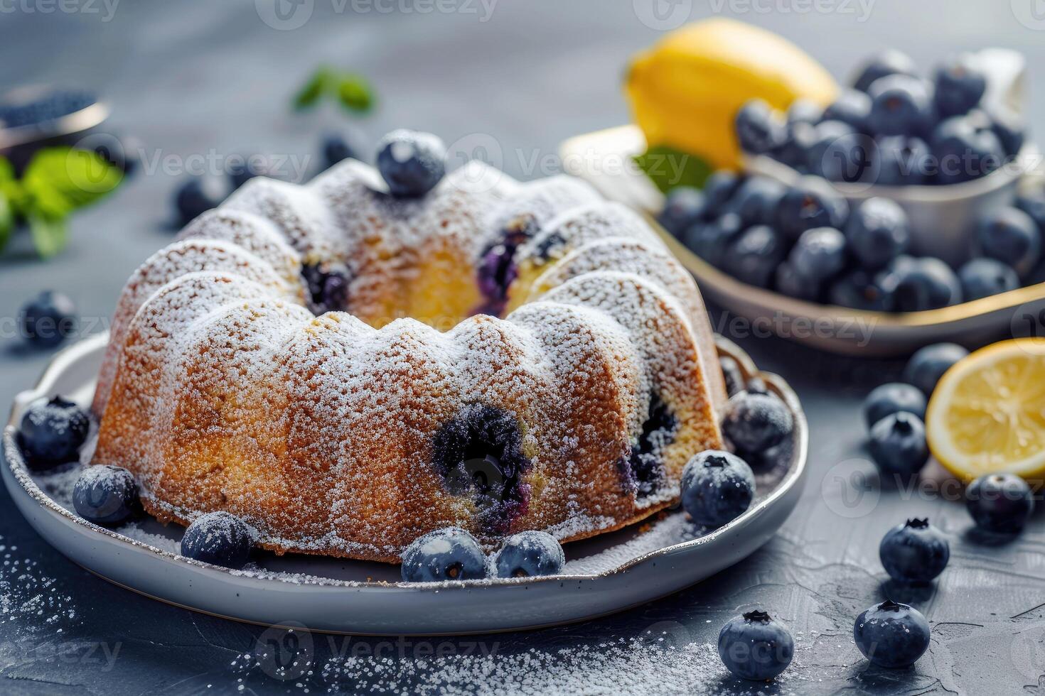 Freshly baked blueberry lemon pound cake dusted with powdered sugar, served with raw blueberries and mint. photo