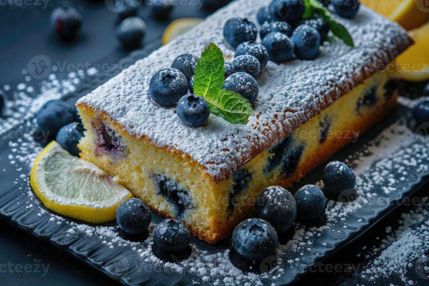 Freshly baked blueberry lemon pound cake dusted with powdered sugar, served with raw blueberries and mint. photo