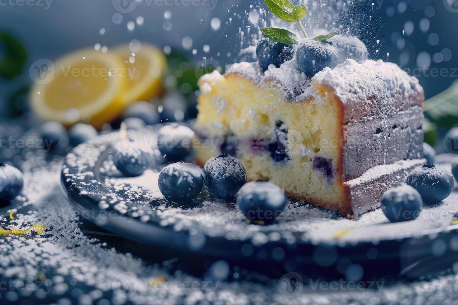 Freshly baked blueberry lemon pound cake dusted with powdered sugar, served with raw blueberries and mint. photo