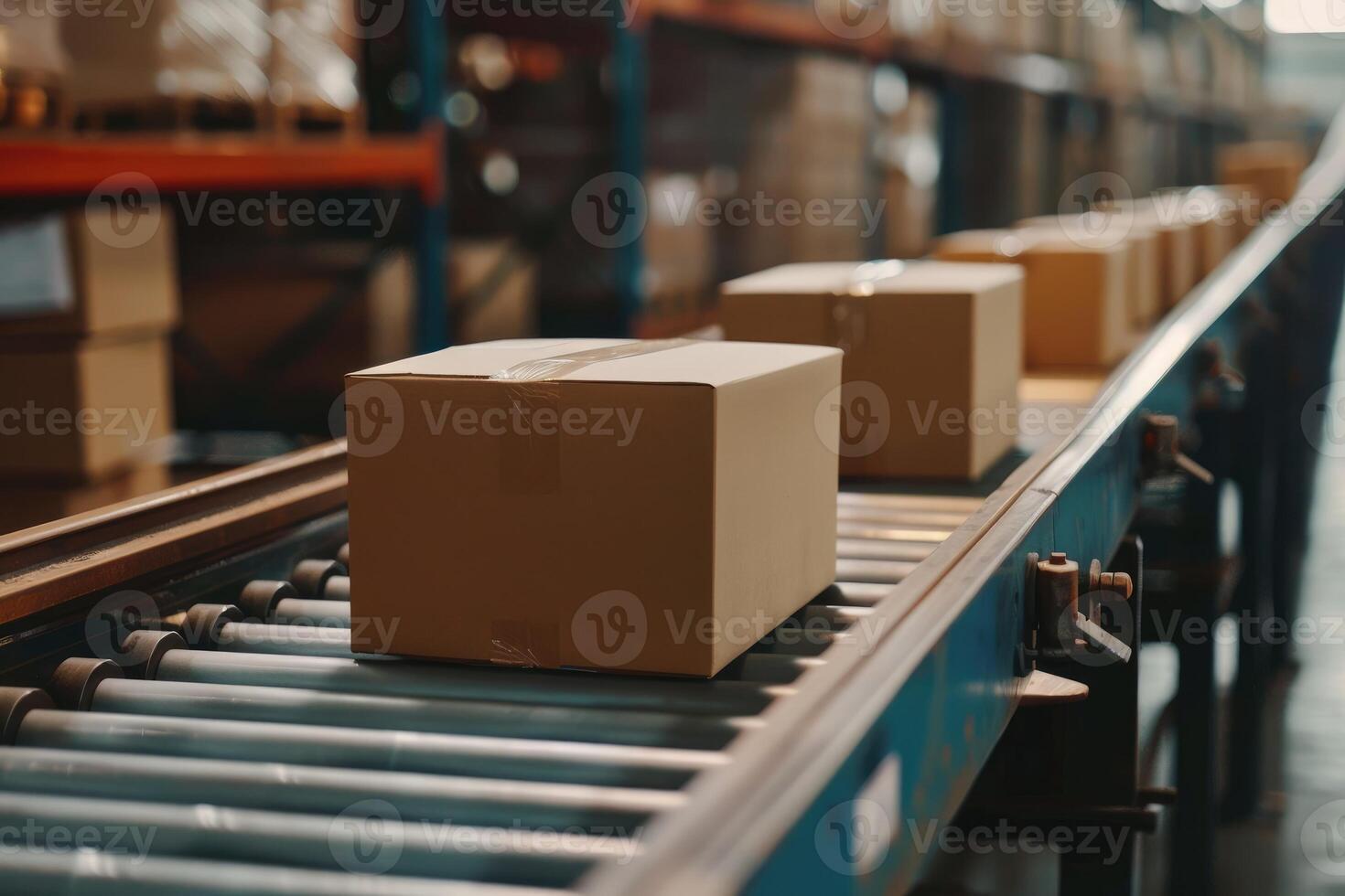 Closeup of multiple cardboard box packages seamlessly moving along a conveyor belt in a warehouse fulfillment center, a snapshot of e-commerce, delivery, automation, and products. photo