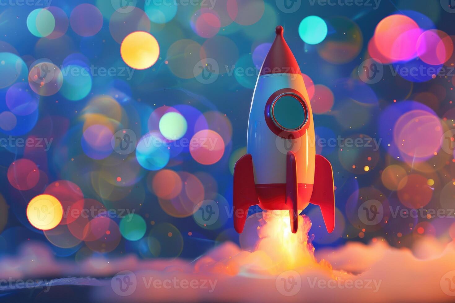 A playful toy rocket stands ready for an imaginary journey, set against a magical, colorful bokeh background. photo