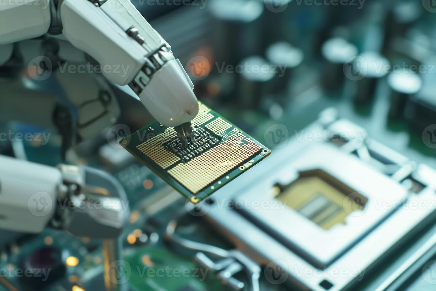 Robotic technology in use during the placement of a microchip on a motherboard. Automation in Microchip Manufacturing photo