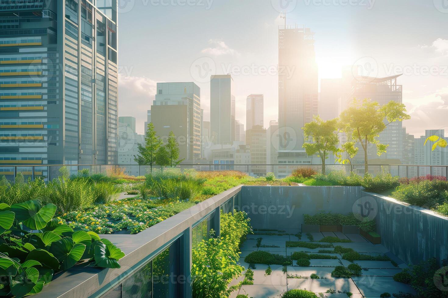 Eco-friendly rooftop garden in city. Carbon reduction and sustainable building for net-zero emissions and urban sustainability. CO2 reduction and global warming mitigation with green rooftop design photo