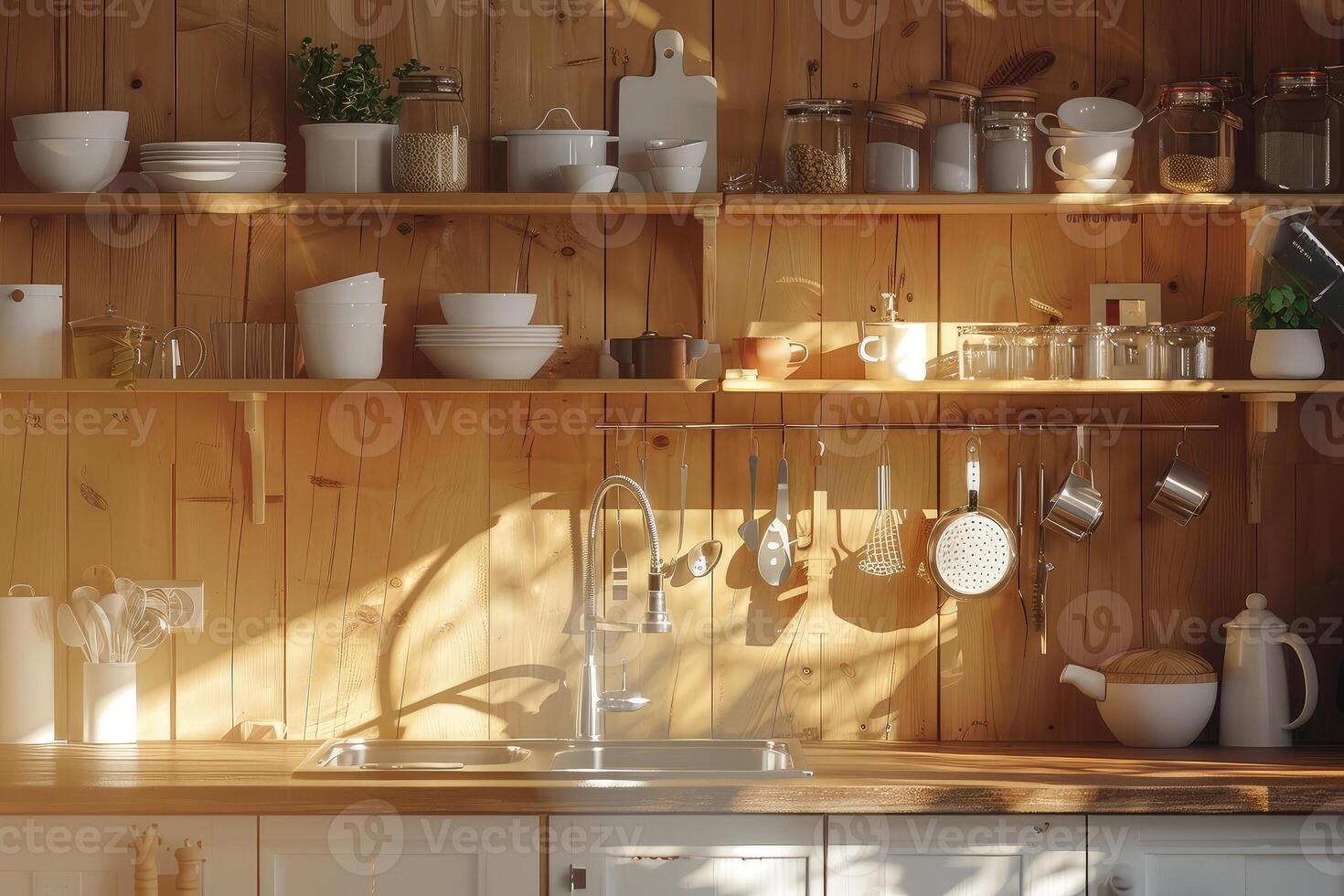 Wooden home kitchen interior with counter, sink and kitchenware on shelf photo
