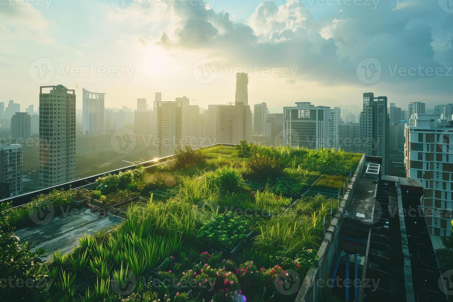 Eco-friendly rooftop garden in city. Carbon reduction and sustainable building for net-zero emissions and urban sustainability. CO2 reduction and global warming mitigation with green rooftop design photo