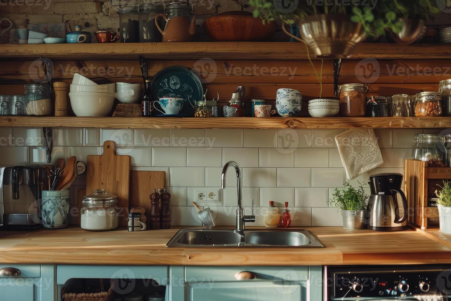 Wooden home kitchen interior with counter, sink and kitchenware on shelf photo