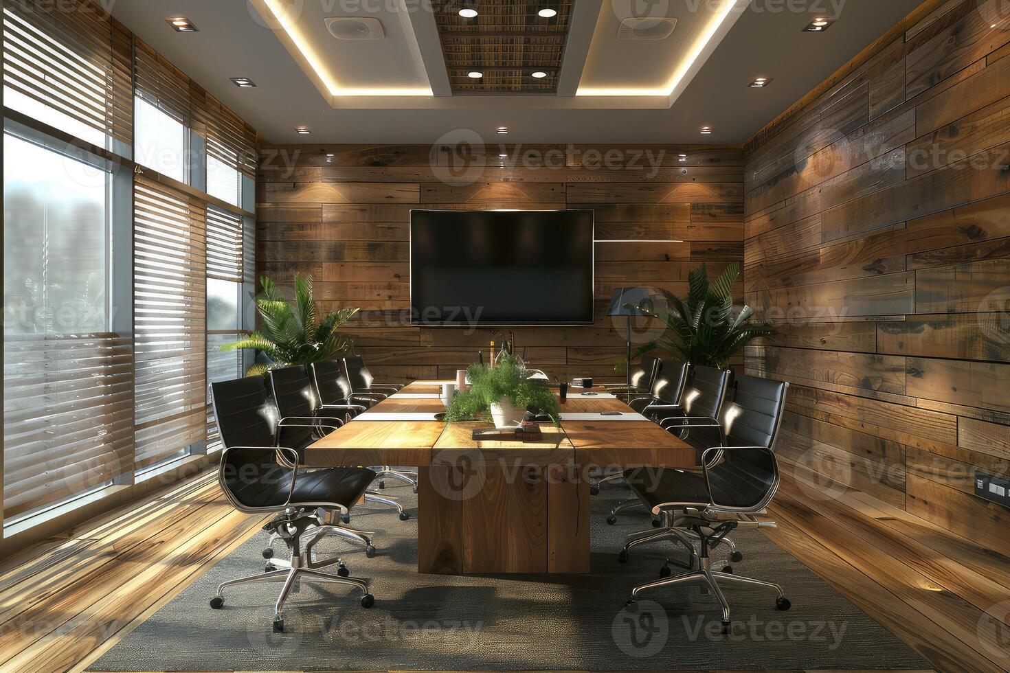 Wooden office interior with meeting table and chairs, tv screen and window photo