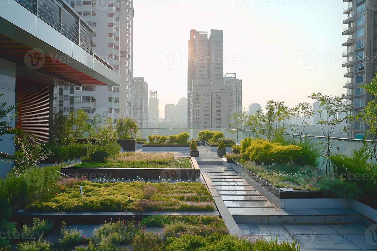 Eco-friendly rooftop garden in city. Carbon reduction and sustainable building for net-zero emissions and urban sustainability. CO2 reduction and global warming mitigation with green rooftop design photo