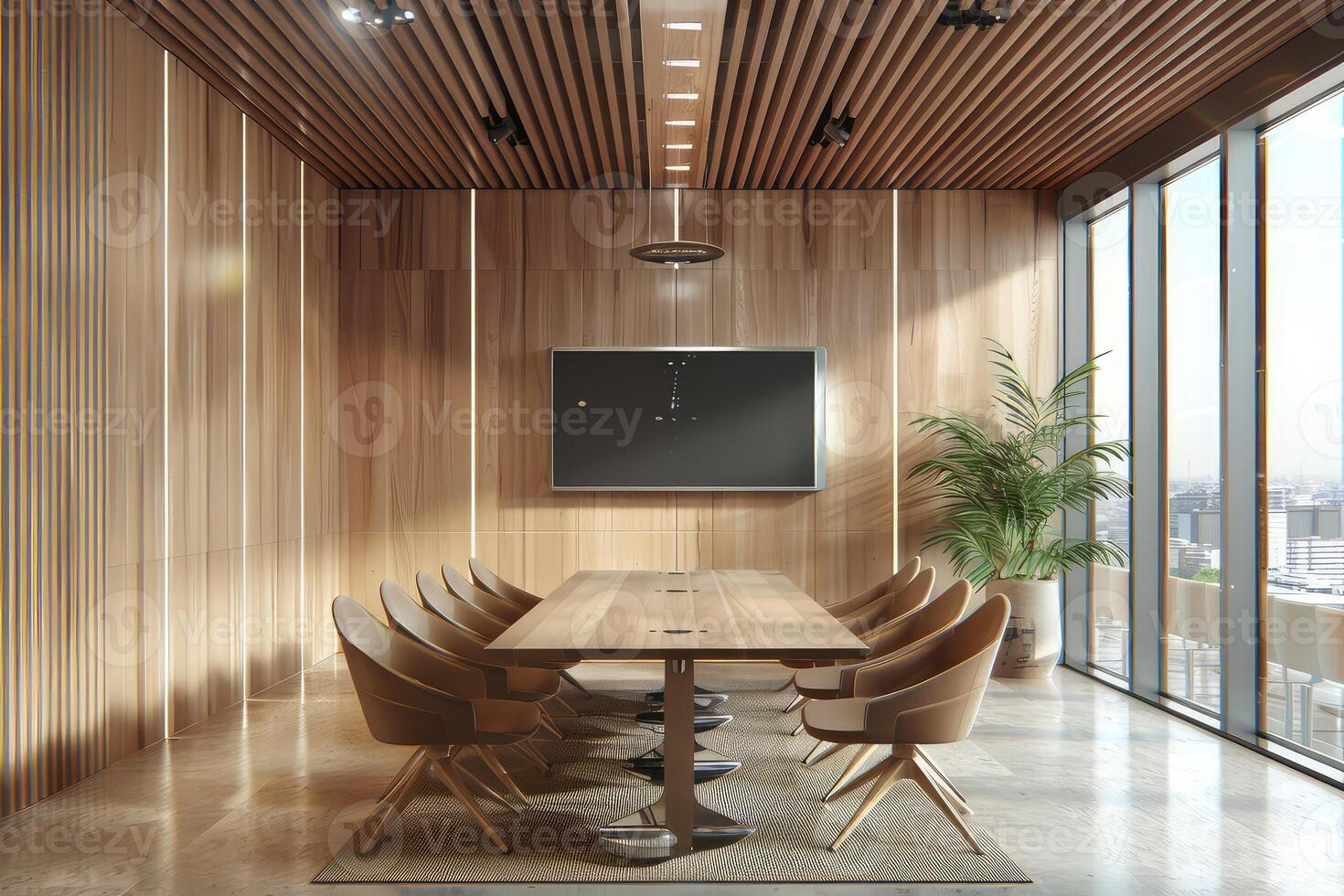 Wooden office interior with meeting table and chairs, tv screen and window photo
