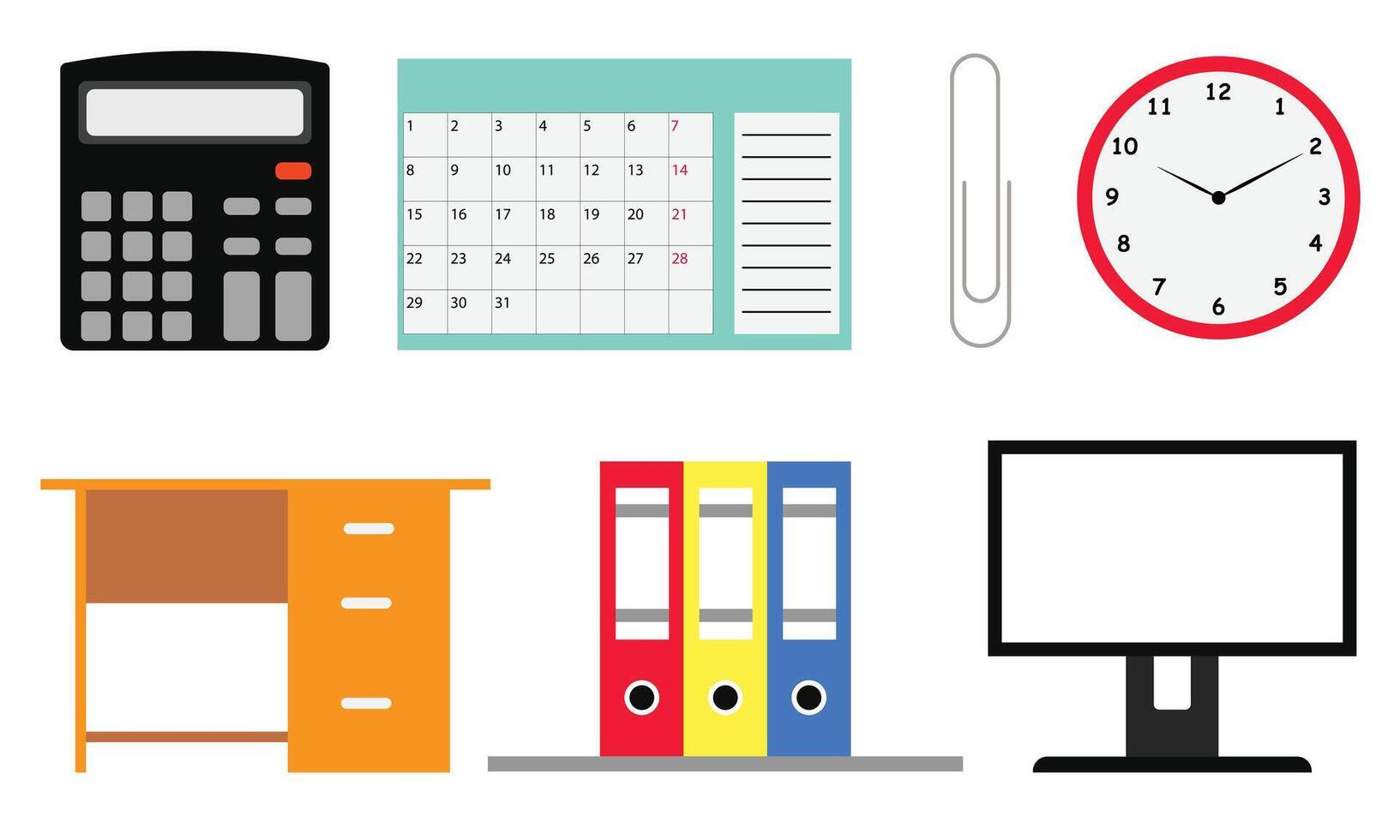 Calculator, calendar, paper clip, clock, desk, folder, and computer monitor for office supply illustration vector