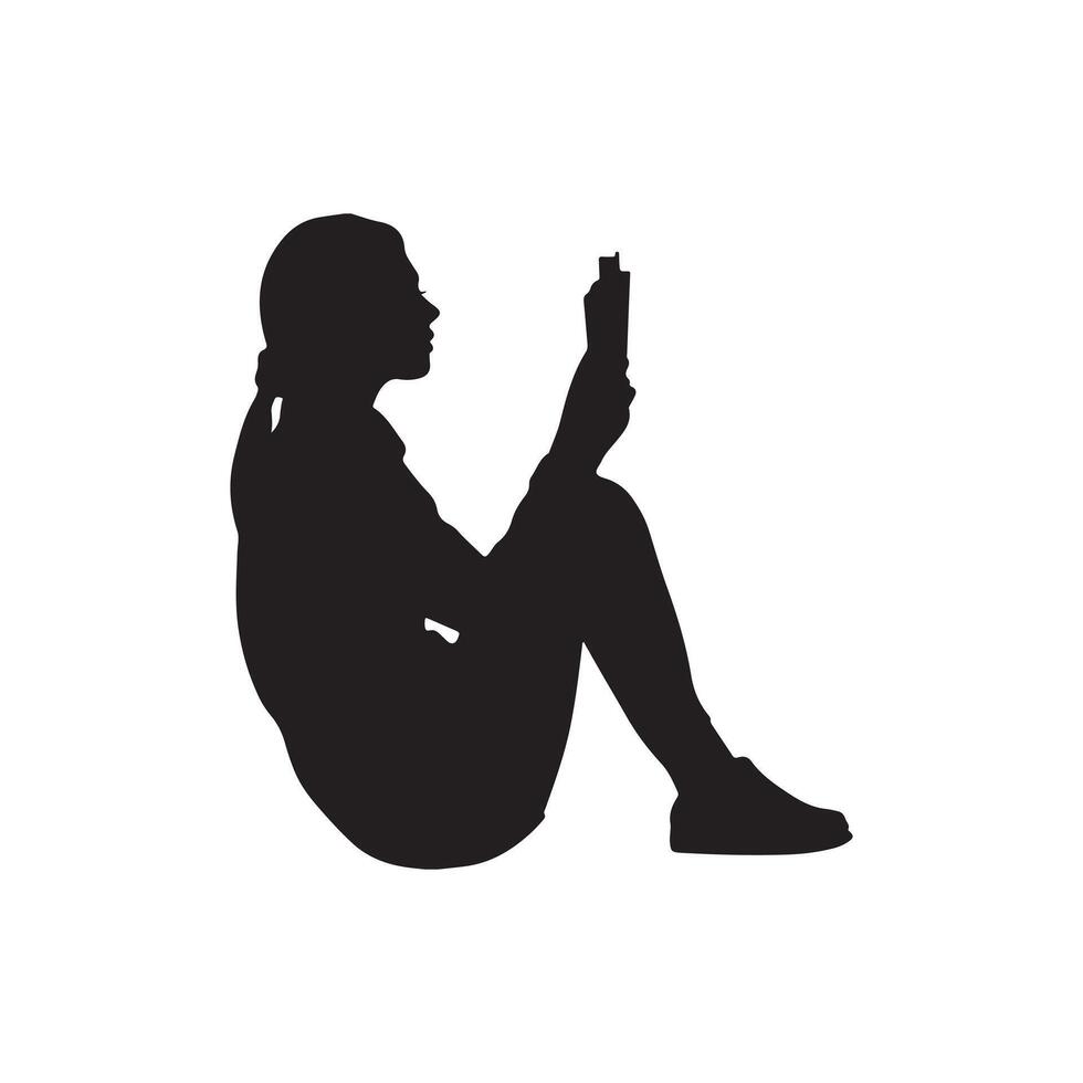 Woman sitting and watching mobile, silhouette image vector