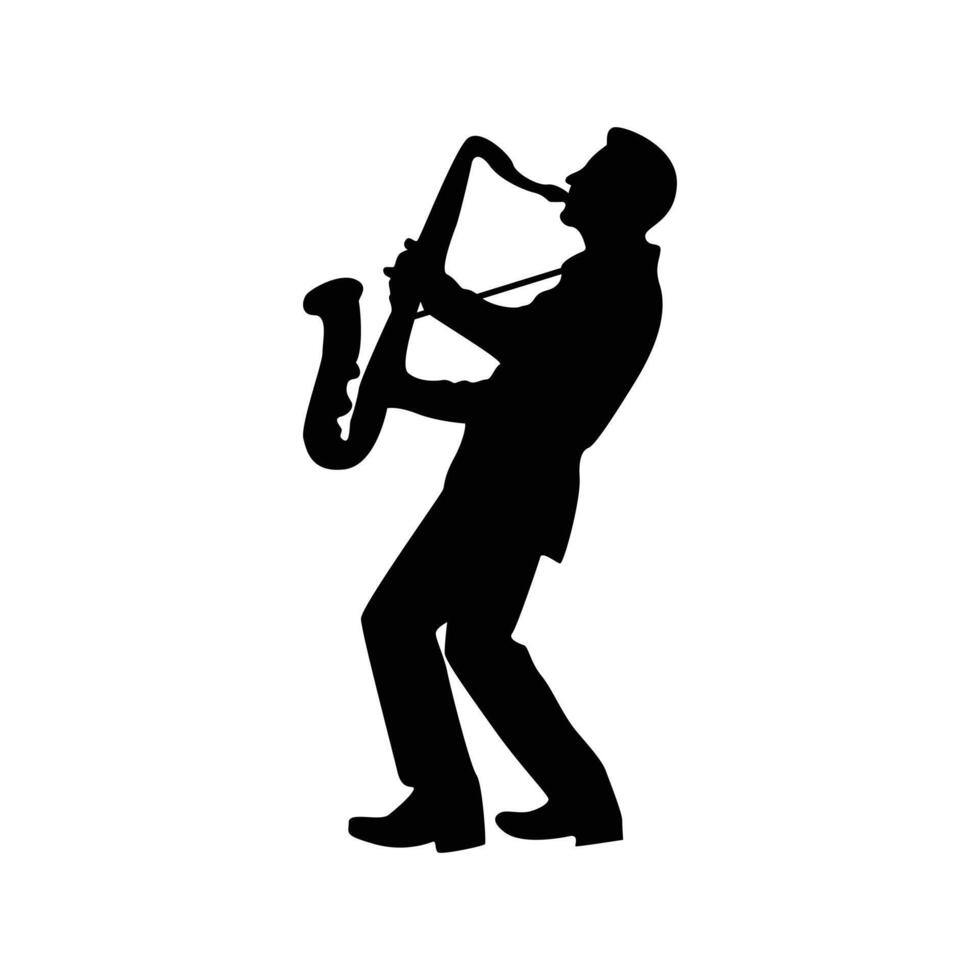 black silhouette of a saxophone player, Silhouette of a man with a saxophone. Saxophonist. vector