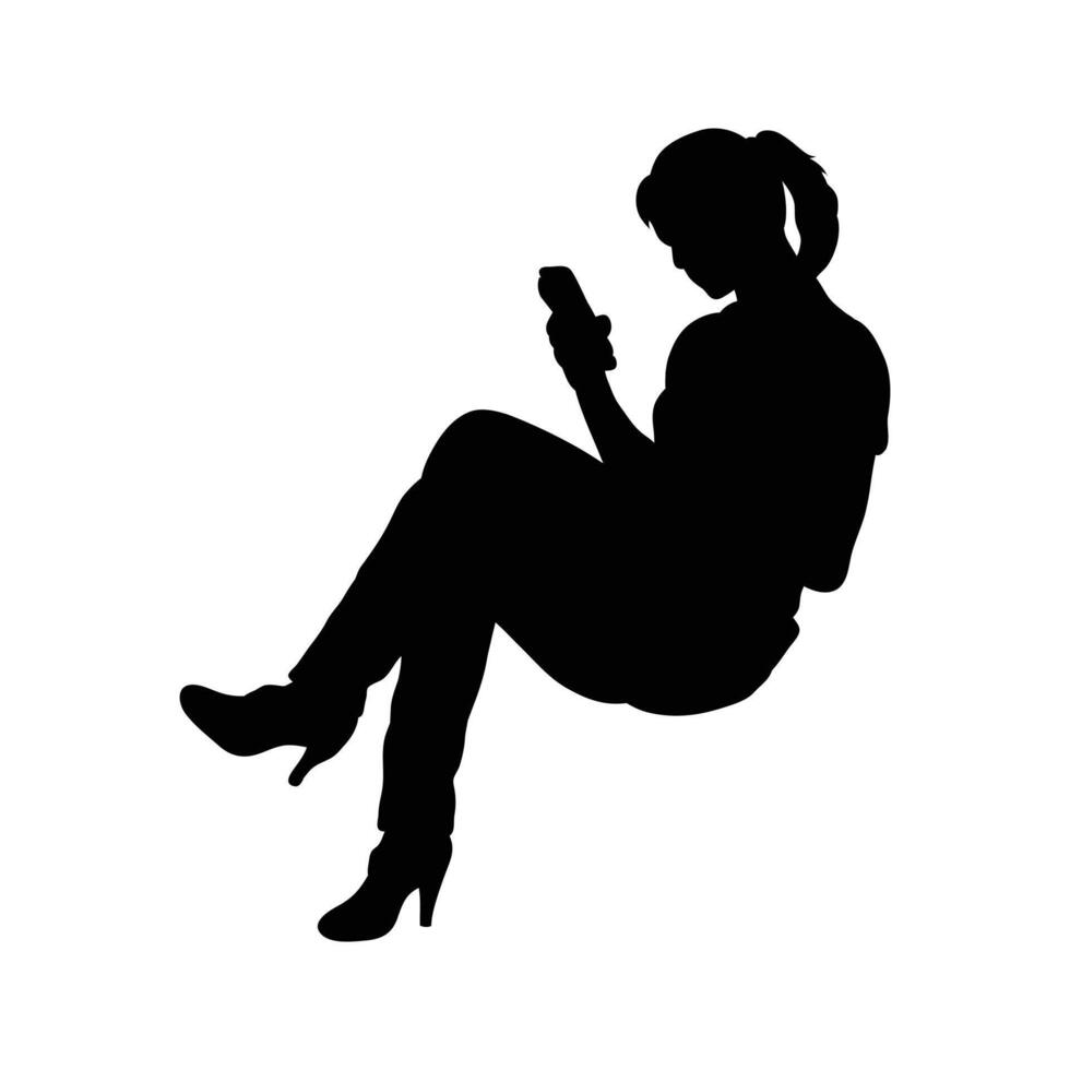 Woman sitting and watching mobile, silhouette image vector