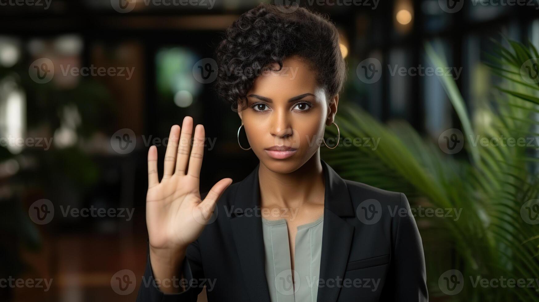 Businesswoman rejecting an offer or idea at work photo