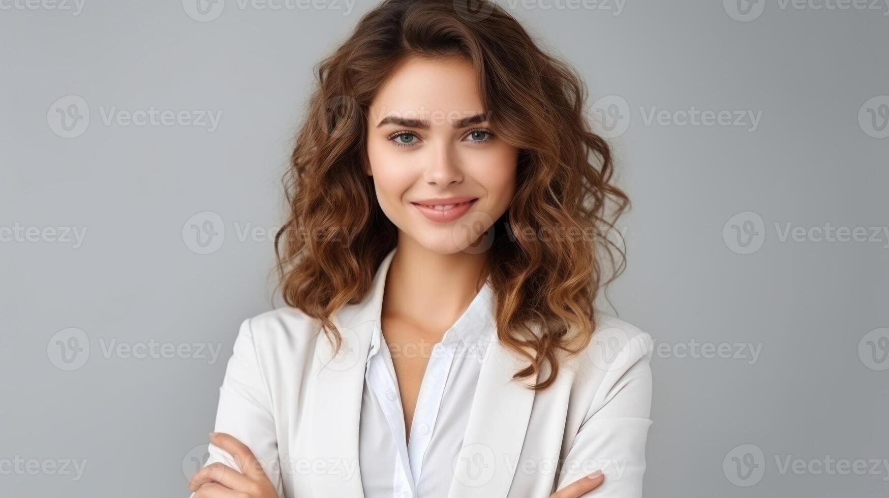 Happy businesswoman portrait and space or mockup on white background with a smile for advertising photo