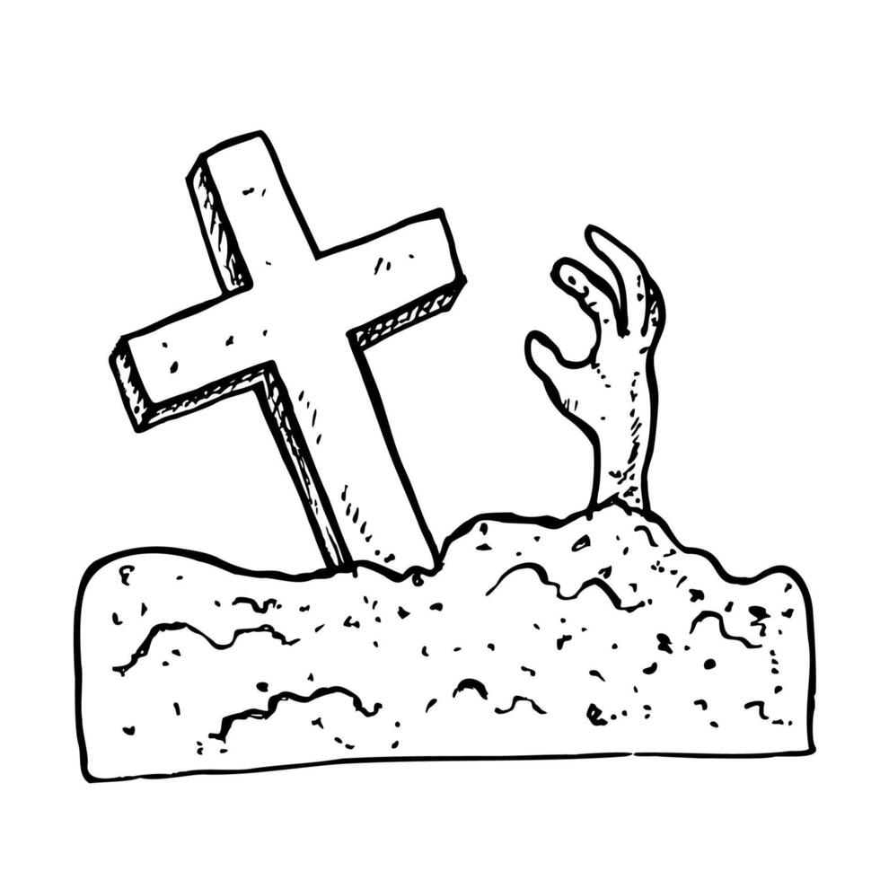 zombie arms sticking out of the ground. Hand painted linear illustration. Graphic monochrome crooked cross art for tattoo, symbol of death, halloween, horror. Isolated on background. For vector