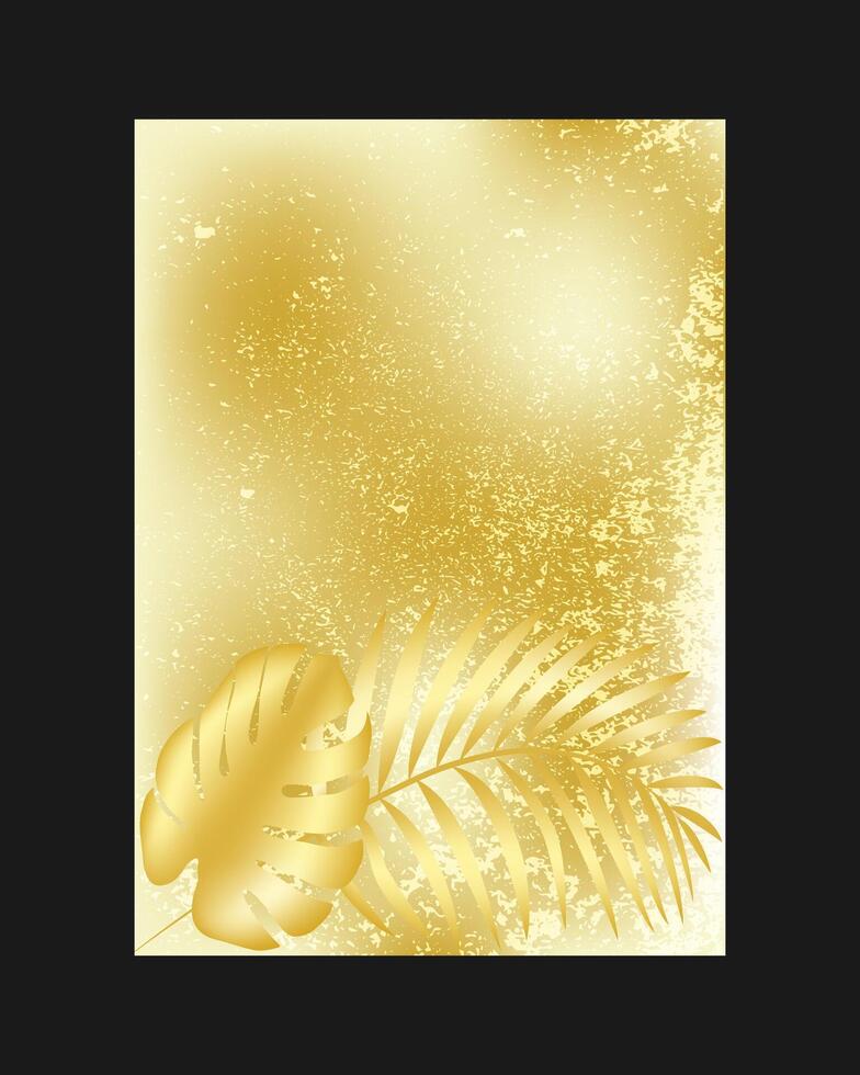 Elegant Golden Background with Palm Leaves and Grunge Texture. An opulent and stylish golden A4 template suitable for covers, wedding invitations, prints, and decorations. vector
