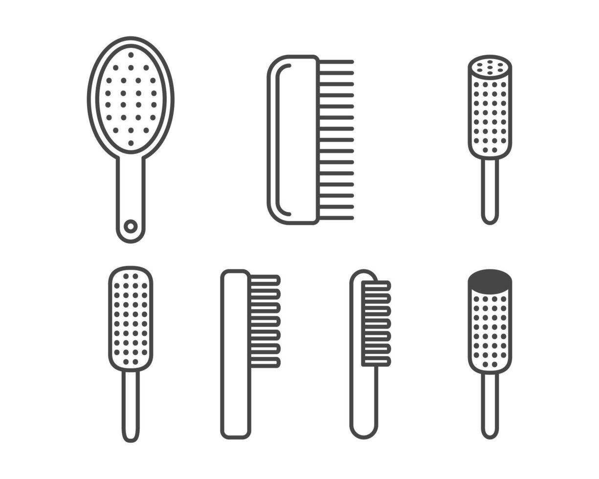 Collection of graphic icons of combs and hair brushes. vector