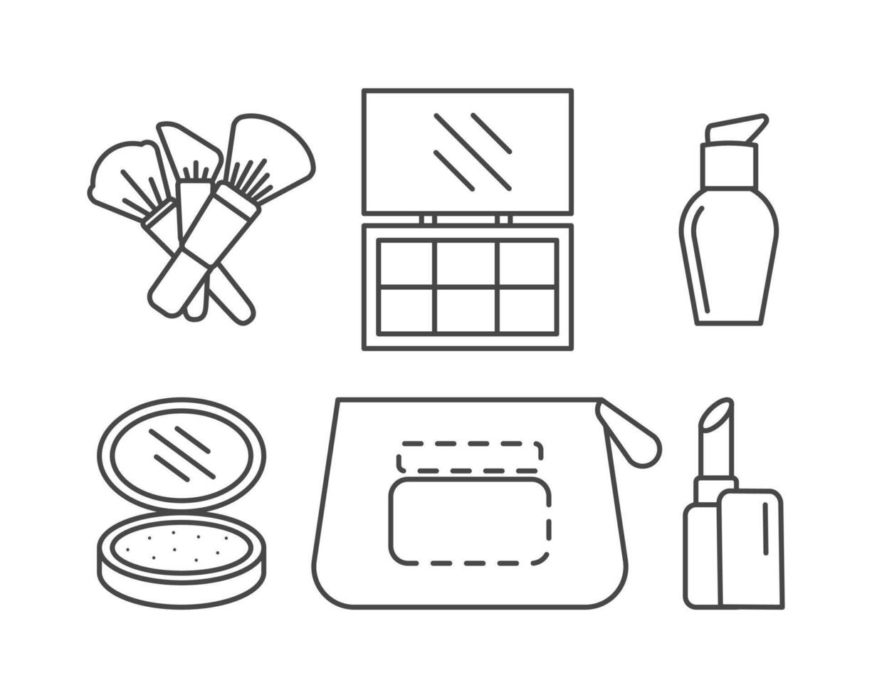 Collection of makeup and cosmetics. Set of linear graphic icons of beauty in the form of powder and blush for the face, cosmetic bag, eye shadow, brush, lipstick. vector
