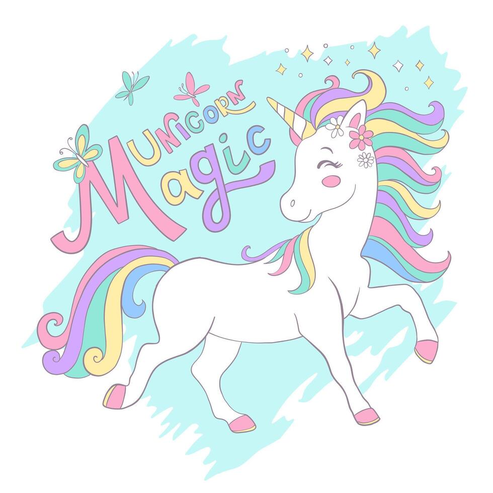 Cute magic unicorn square postcard illustration vector