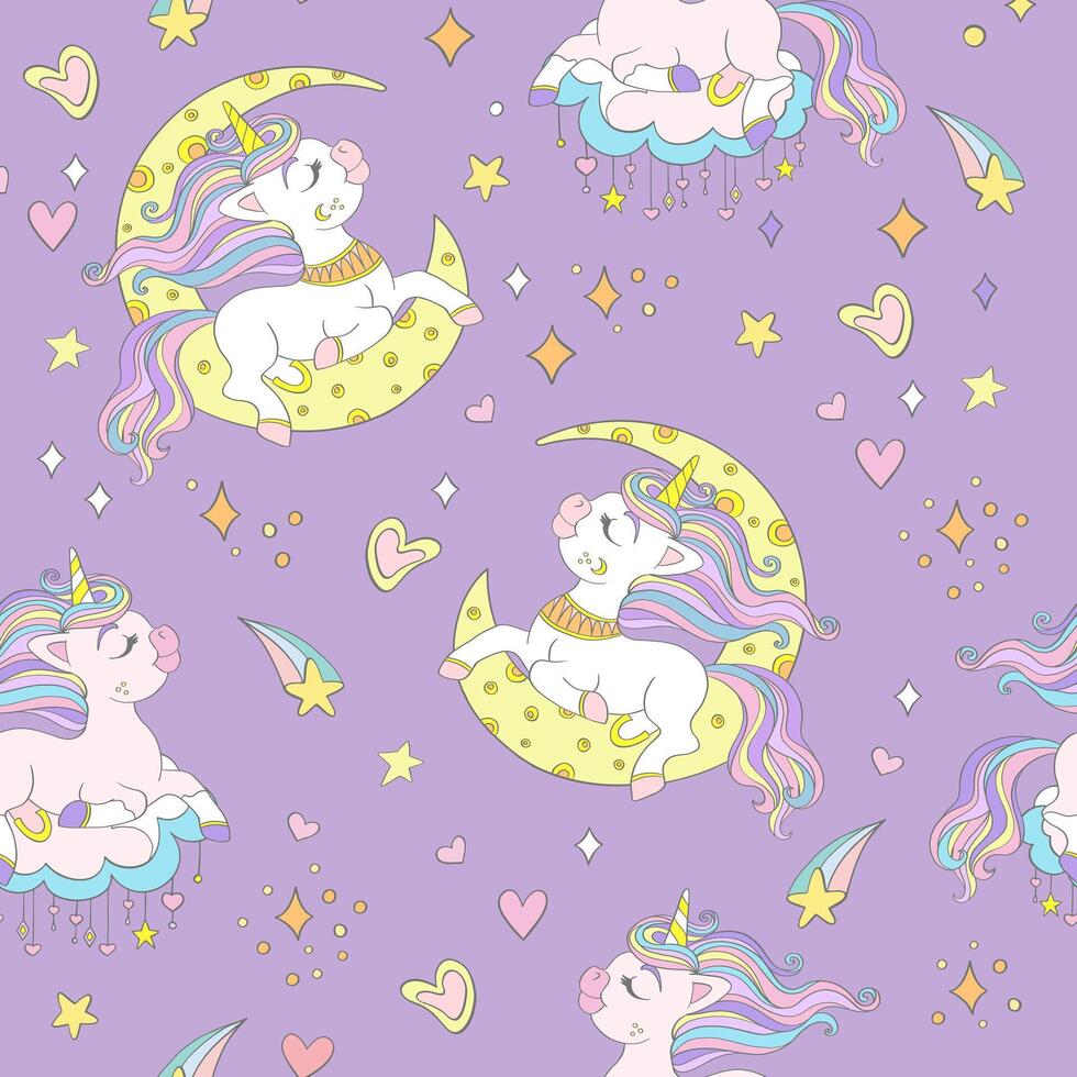 Seamless pattern dreaming unicorns on a moon background vector