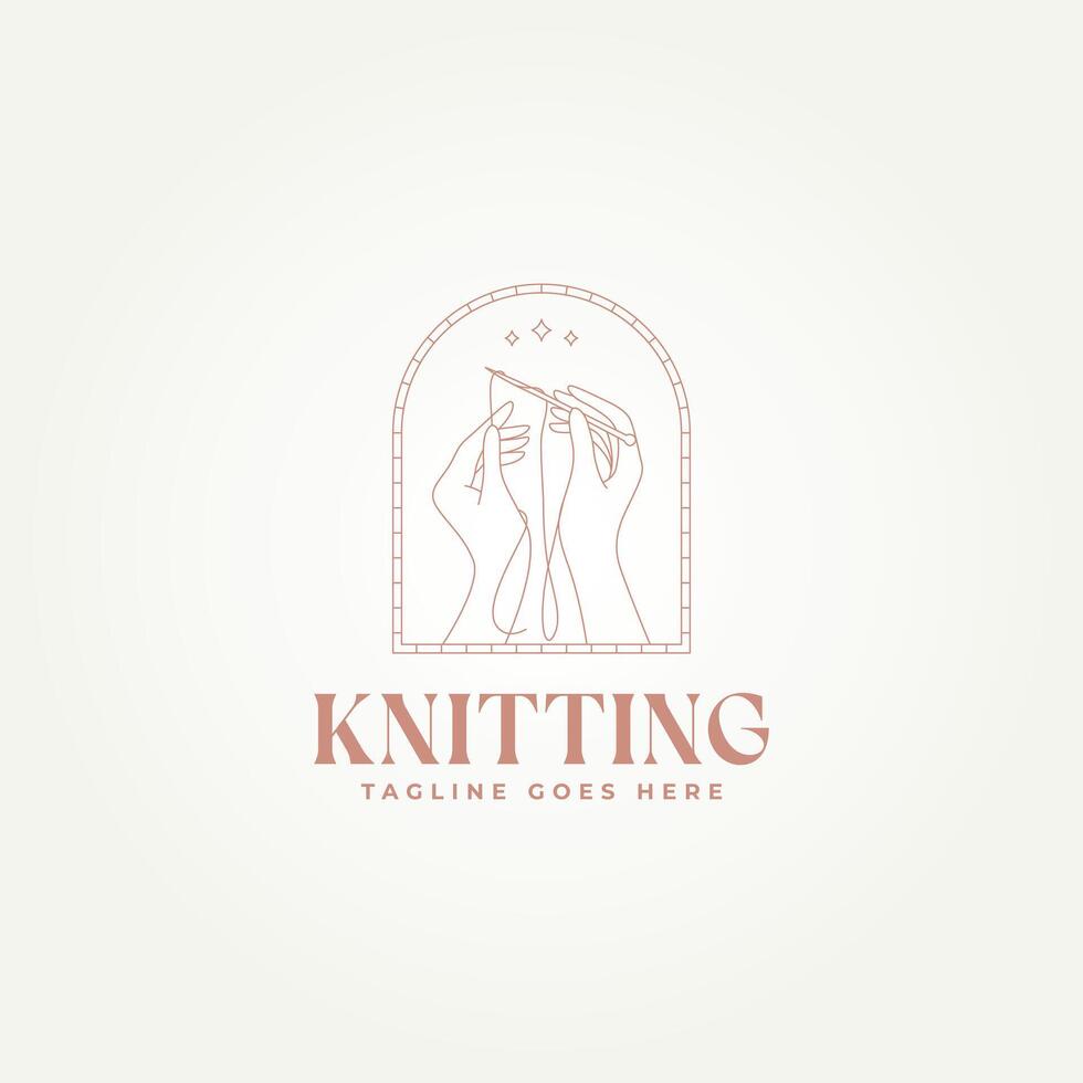 minimalist woman's hands knitting thread using needle line art icon logo illustration design. simple modern sewing, handiwork, wickerwork logo concept vector