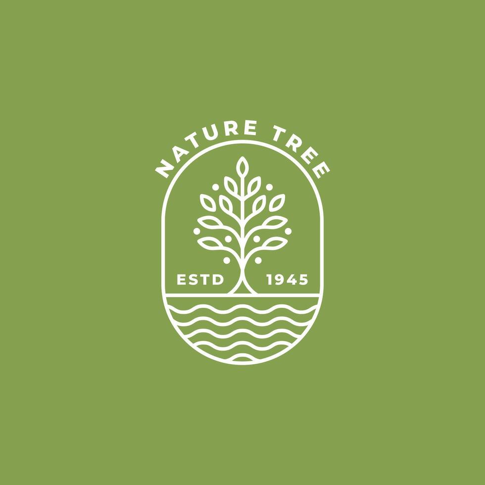 minimalist natural trees with river line art badge icon logo illustration design. modern simple recycling, environment, wellness emblem logo concept vector
