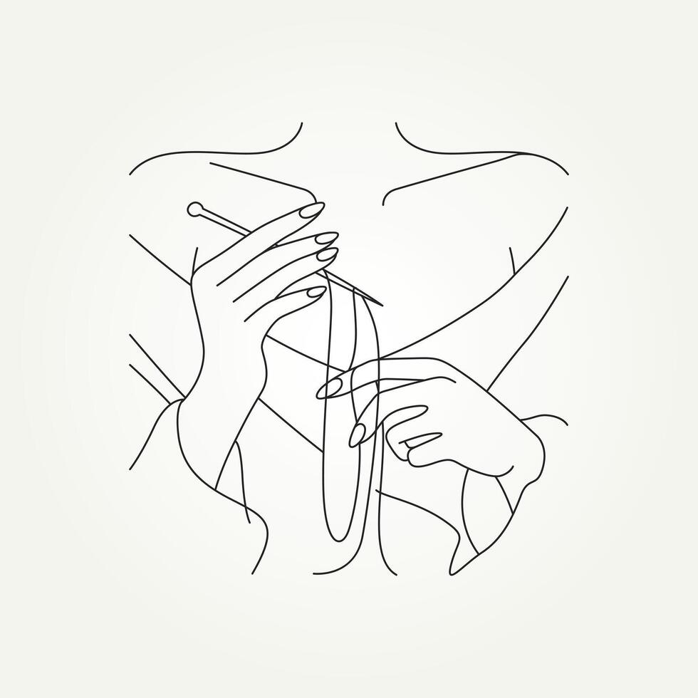 minimalist woman knitting thread using needle line art icon illustration design vector