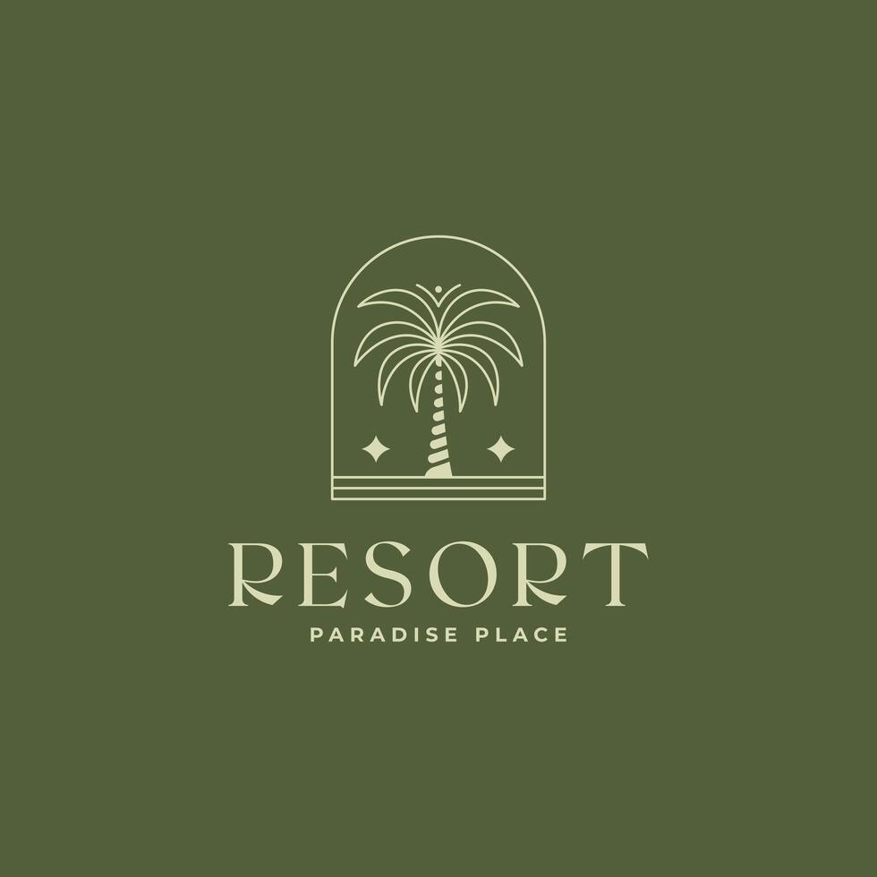 minimalist luxury palm tree resort line art badge icon logo illustration design. simple modern hotel, travel services, tropical spa and beauty emblem logo concept vector