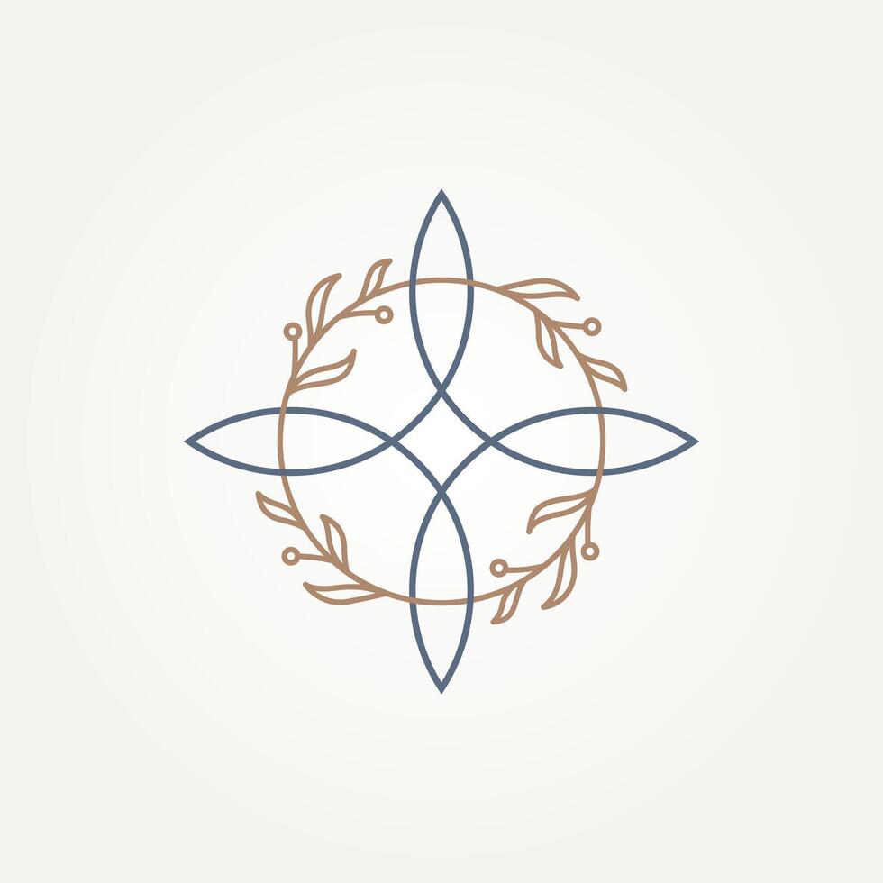 minimalist witch's knot with leaves around line art icon logo illustration design. simple modern wicca symbol and power of four elements concept vector