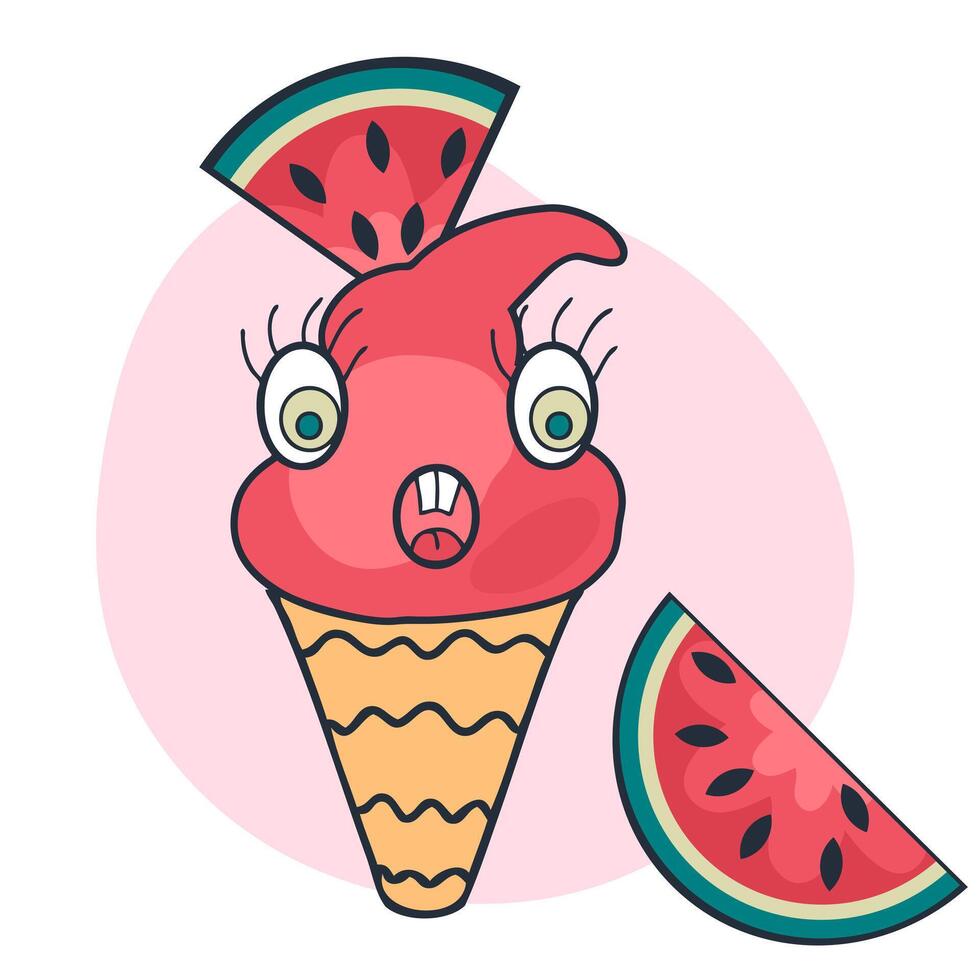 Surprised face watermelon ice cream cone character with giggle eyes. Perfect print for tee, sticker, poster. Hand drawn illustration for decor and design. vector