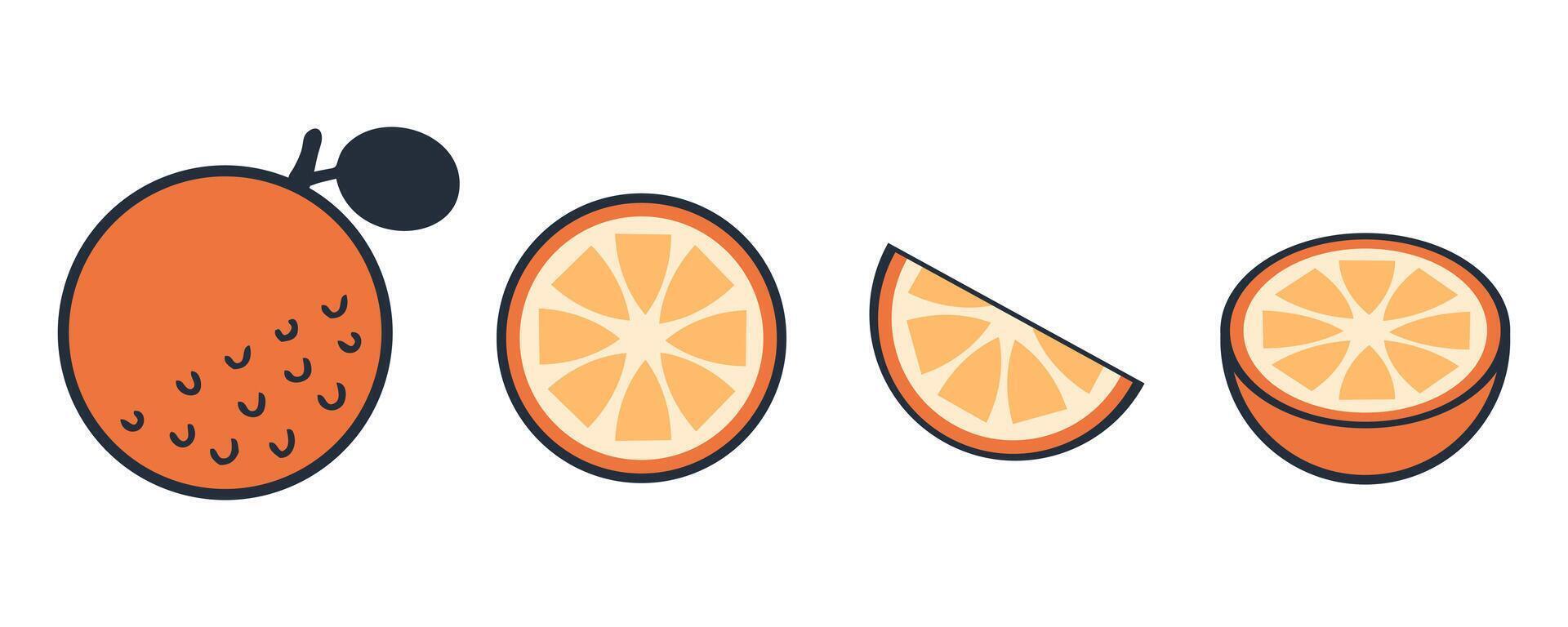 Doodle orange slices set, flat fruit clipart collection. Hand drawn illustration for decor and design. vector